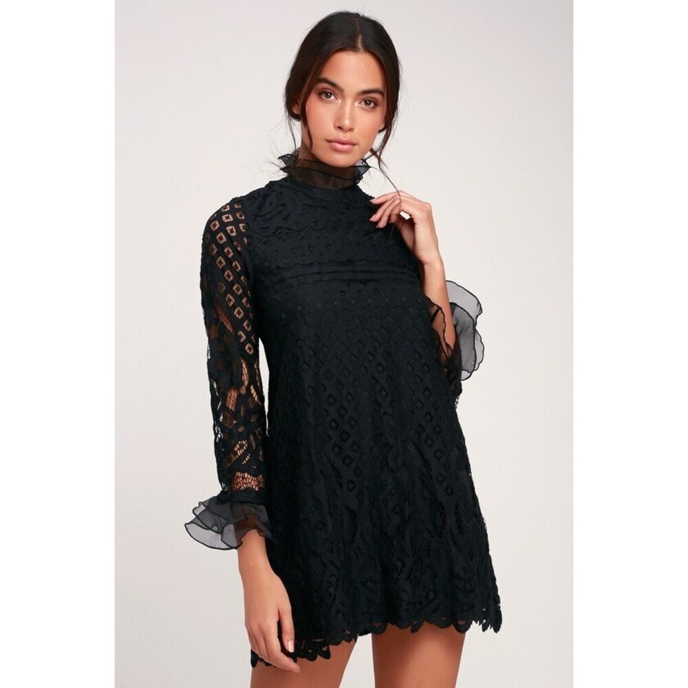 Lulus Love And Joy Black Lace Long Sleeve Shift Dress - Size S